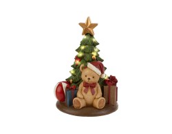 Statuetta natalizia in resina alta 17 cm con albero di Natale avvolto da luci LED, orsetto con cappello di Babbo Natale