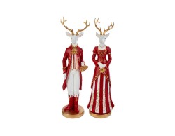 Coppia di statue di renne natalizie in resina eleganti alte 35 cm vestite con abiti cerimoniali rossi e oro