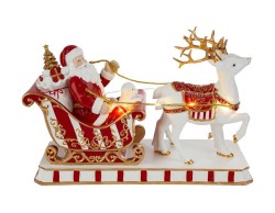 Grande statua natalizia in resina con Babbo Natale sulla slitta rossa e oro trainata da due renne bianche