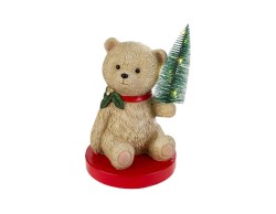 Statua natalizia in resina alta 30 cm raffigurante un orsetto beige seduto su base rossa che tiene in zampa un alberello