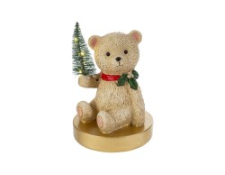 Statua natalizia in resina alta 20,5 cm raffigurante un orsetto beige seduto su base dorata che tiene in zampa un alberello