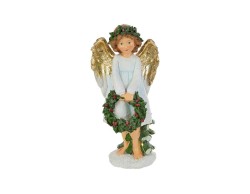 tatuetta natalizia in resina alta 23,5 cm raffigurante un angelo in piedi con ali dorate che tiene una ghirlanda verde