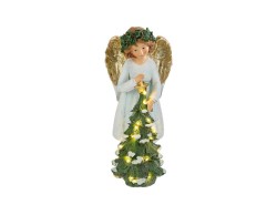 Grande statua natalizia in resina alta 34 cm con angelo in piedi dalle ali dorate che decora un albero di Natale