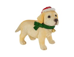 Statua natalizia in resina lunga 32,5 cm raffigurante un cucciolo di cagnolino Labrador dorato con cappello di Babbo Natale