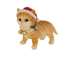 Statua natalizia in resina lunga 26 cm raffigurante un gattino cucciolo tigrato arancione con cappello di Babbo Natale