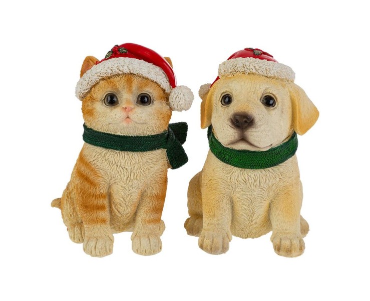 Cagnolino e gattino natalizi da appoggio in resina h.16 cm - 2 varianti assortite – Decorazione Natalizia Le Stelle su Bomboniere Dolci Emozioni