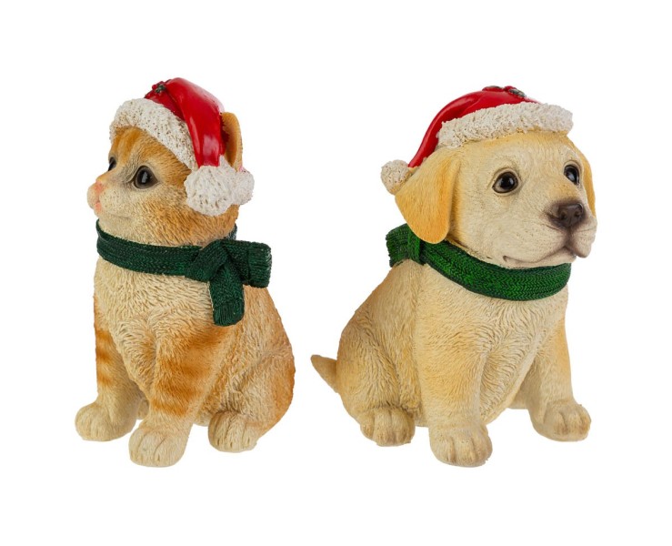 Cagnolino e gattino natalizi da appoggio in resina h.16 cm - 2 varianti assortite – Decorazione Natalizia Le Stelle su Bomboniere Dolci Emozioni