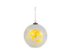 Grande sfera natalizia bianca da 15 cm da appendere con luce a LED calda interna che illumina un paesaggio invernale