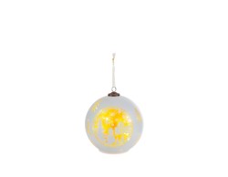 Sfera di Natale bianca da 10 cm da appendere dotata di luce interna a LED calda che illumina un paesaggio natalizio