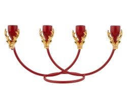 Candelabro natalizio moderno in metallo rosso a 4 fiamme in linea con struttura geometrica aperta