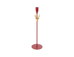 Portacandele natalizio moderno a stelo singolo in metallo rosso con base circolare e piattino