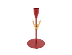 Portacandele natalizio piccolo a stelo singolo in metallo rosso con base circolare e piattino dotato di perno centrale.
