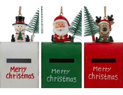 Appendino natalizio a forma di cassetta delle lettere in metallo Merry Christmas con Babbo Natale, renna e pupazzo di neve