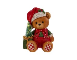 Orsetto natalizio grande in resina con vestiti di Babbo Natale e alberello con luci LED integrate