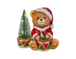 Orsetto in resina con vestito da Babbo Natale che suona il tamburo accanto ad alberello con luci LED, decorazione natalizia 14cm