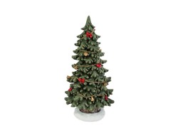 Albero di Natale in resina decorativo da terra 64cm verde con ghirlande dorate e fiocchi rossi su base innevata