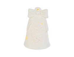 Campana natalizia in porcellana bianca con stella di Natale a rilievo e stelle traforate luminose con luce LED integrata