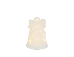 Campana natalizia piccola in porcellana bianca traforata a stella con fiocco a rilievo e luce LED