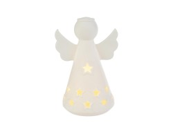 Angelo natalizio in porcellana bianca con ali spiegate e vestito con stelle traforate luminose a luce LED