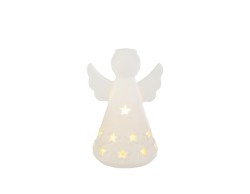 Angelo natalizio piccolo in porcellana bianca opaca con ali aperte e stelle traforate luminose a luce LED