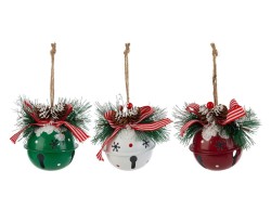 Appendino natalizio sagomato in metallo rosso e bianco Merry Christmas con Babbo Natale, renna e orsetto