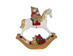Grande cavallo a dondolo natalizio bianco in resina con orsetto Babbo Natale in sella e luci LED
