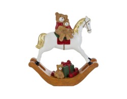 Cavallo a dondolo natalizio in resina bianca e oro con due orsetti peluche in sella e pacchi regalo