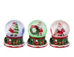 Mini palle di neve natalizie in vetro con base in resina verde slitta in rilievo e luci LED colorate