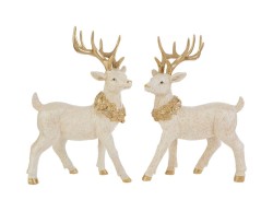 Coppia di renne natalizie in resina bianca opaca con corna glitter oro e decori argento