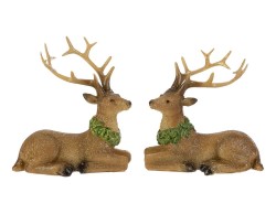 Mini statuine di renne natalizie in resina marrone accovacciate a terra con ghirlanda verde, dimensioni 10cm