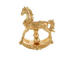 Grande statuina natalizia di cavallo a dondolo in resina color oro lucido con ricchi intarsi barocchi sella decorata e ghirlanda