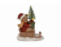 Orsetto natalizio in resina su slitta di legno con albero di Natale e luci LED integrate