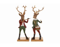 Coppia di renne natalizie musiciste in resina con abiti rossi e verdi e corna dorate alte 18,5 cm