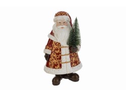 Statuina di Babbo Natale in resina con abito damascato rosso e oro e alberello in mano, decorazione natalizia