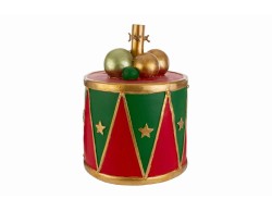 Base per albero di Natale a forma di tamburo rosso e verde in resina con stelle dorate