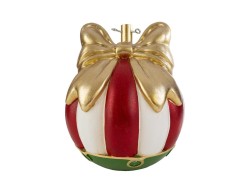 Base per albero di Natale a forma di grande palla di Natale rossa e bianca in resina con maxi fiocco oro lucido