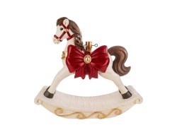 Base per albero di Natale a forma di cavallo a dondolo natalizio in resina panna con grande fiocco rosso glitterato
