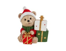 Base per albero di Natale con orsetto in resina con cappello di Babbo Natale e pila di pacchi regalo colorati