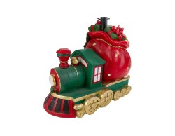 Base per albero di Natale a forma di trenino in resina colorata rossa e verde con pacchi regalo