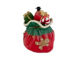 Base per albero di Natale a forma di sacco dei doni di Babbo Natale in resina rossa e verde con omino pan di zenzero e regali