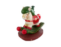 Base per albero di Natale a forma di cavalluccio a dondolo in resina bianca, rossa e verde con stella dorata
