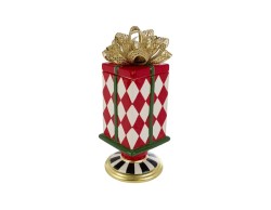 Scatola natalizia Red Royal in ceramica rossa e avorio a rombi con grande fiocco oro traforato sul coperchio