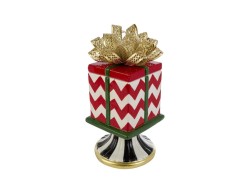Scatola natalizia Red Royal in ceramica con motivo a zig zag rosso e avorio, base bianca e nera e grande fiocco oro traforato