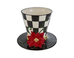 Vaso natalizio Black Royal in ceramica a forma di cappello a scacchi bianchi e neri con grande stella di Natale rossa