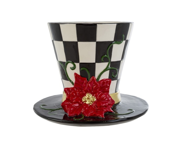 Vaso a forma di cappello Black Royal in ceramica a scacchi con stella di Natale d.23,5xh.18 cm – Decorazione Natalizia Le Stelle su Bomboniere Dolci Emozioni