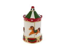 Scatola natalizia a giostra in ceramica con cavallucci in rilievo e coperchio a tendone bianco e verde