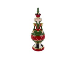 Scatola natalizia Schiaccianoci in ceramica con divisa rossa e verde, dettagli oro e base bianca e nera, soprammobile decorativo