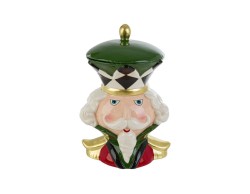 Scatola natalizia Schiaccianoci a mezzo busto in ceramica con giubba rossa e spalline oro, coperchio verde e dettagli in rilievo