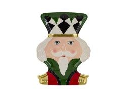 Vassoio natalizio Schiaccianoci in ceramica sagomato a mezzo busto con giubba rossa e verde e dettagli oro