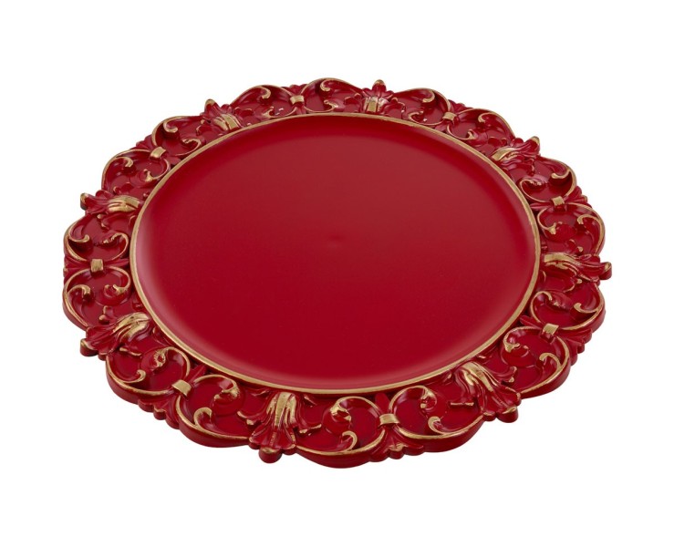 Vassoio tondo in melamina rosso con bordo decorato e dettagli oro d.35,5 cm – Decorazione Natalizia Le Stelle su Bomboniere Dolci Emozioni